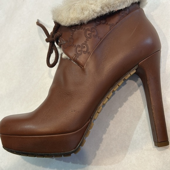 GUCCI MARMONT LOGO cognac LEATHER ANKLE BOOTS FAUX FUR TRIM WOMEN’S Size 7 / 37 - Picture 10 of 11